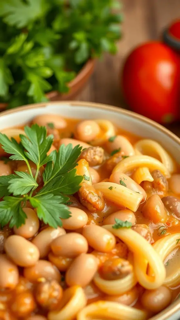 A bowl of Pasta Fagioli with pasta, beans, and parsley, alongside fresh ingredients.