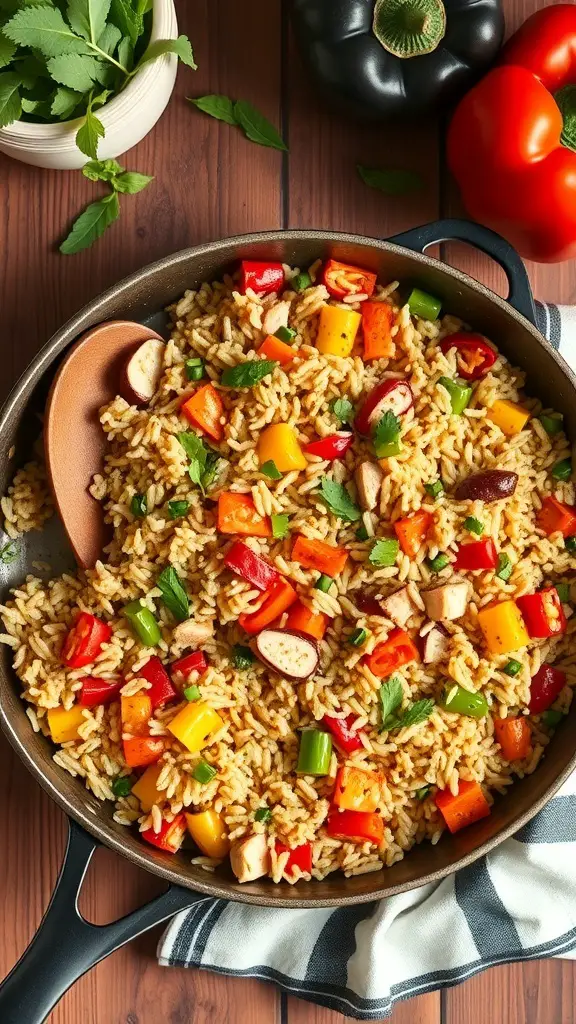 A colorful one-pan turkey and rice casserole with bell peppers and herbs.
