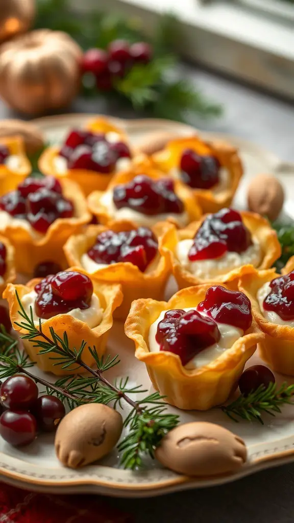 A plate of cranberry brie bites topped with cranberry sauce, surrounded by fresh cranberries and decorative elements.