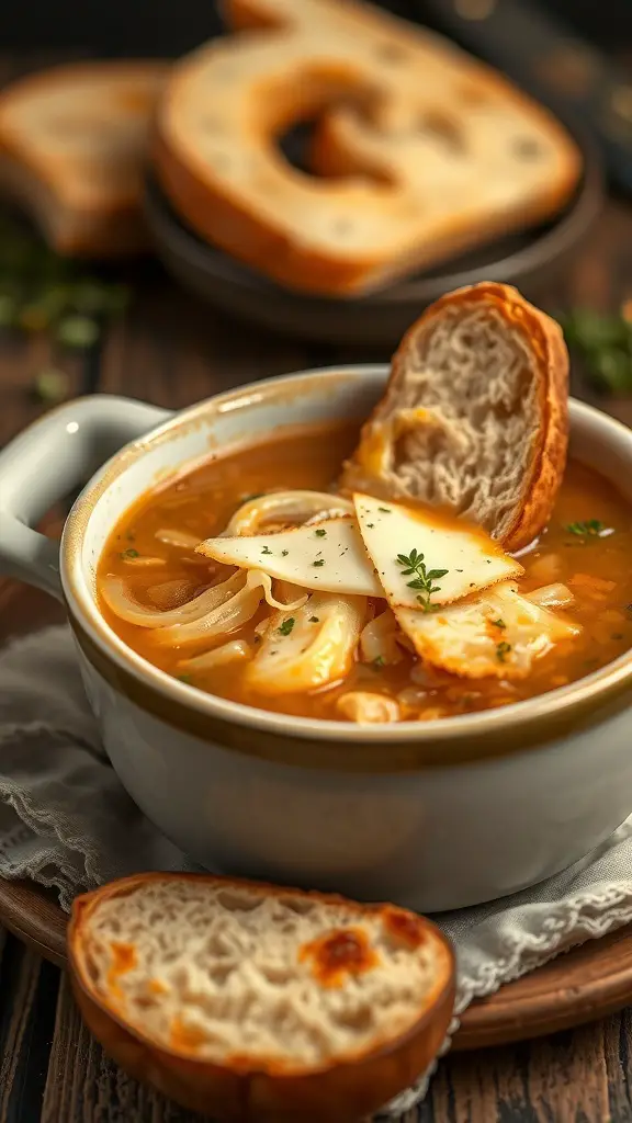 A bowl of classic French onion soup with melted cheese and a slice of bread
