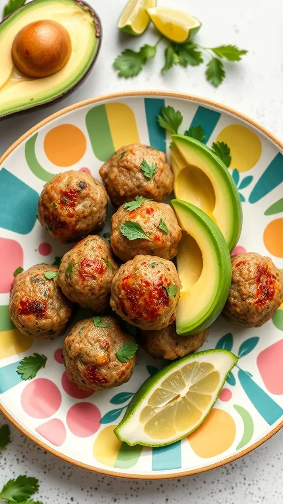 A colorful plate of cilantro lime meatballs with avocado slices and lime wedges.