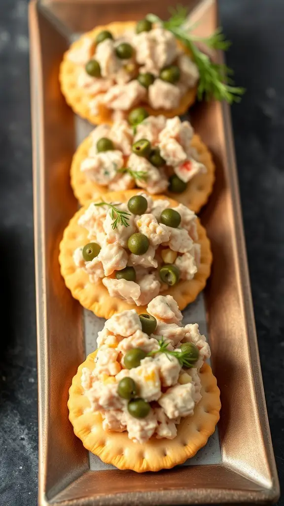 Tuna salad on club crackers topped with green olives