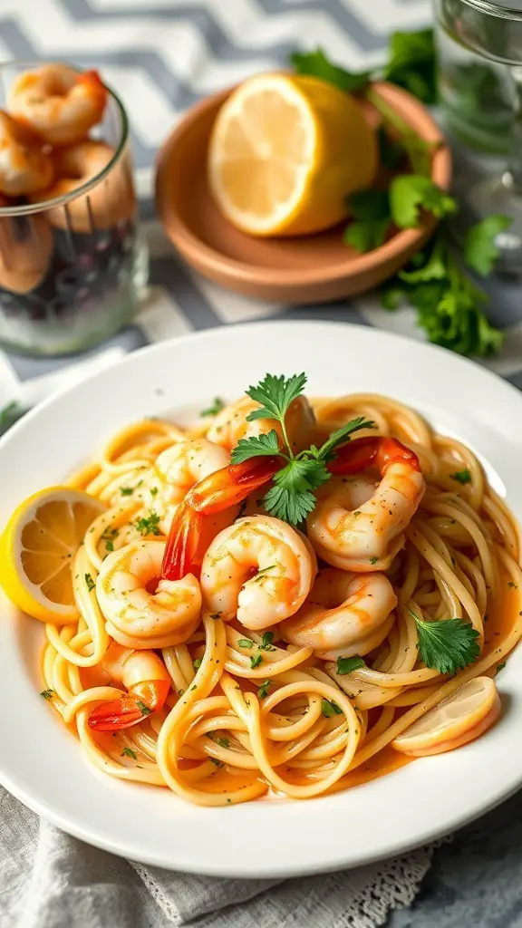 A plate of Shrimp Scampi Linguine with shrimp, lemon, and herbs