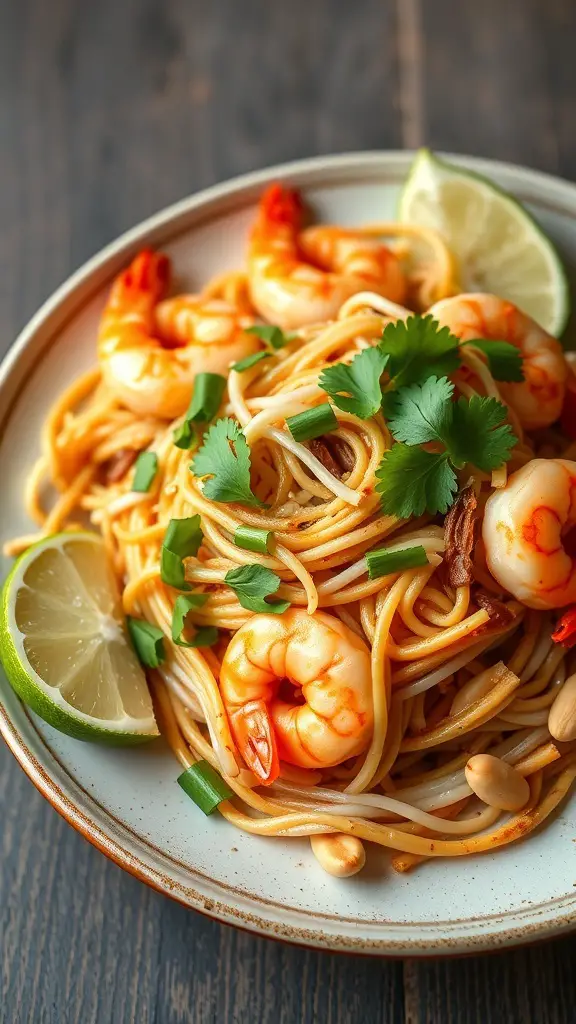 A plate of Shrimp Pad Thai with shrimp, noodles, lime, and herbs.