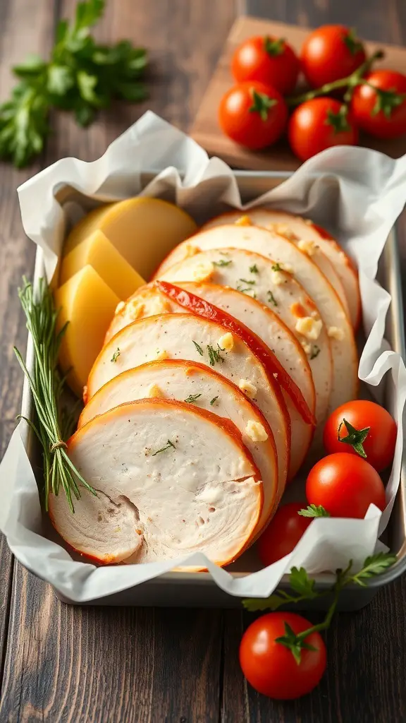 A tray with sliced turkey, cheese, fresh tomatoes, and herbs.
