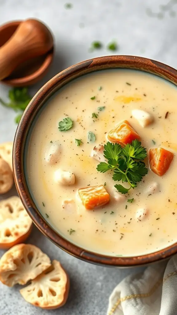 A bowl of creamy salmon chowder with cauliflower, garnished with herbs, alongside slices of fruit.