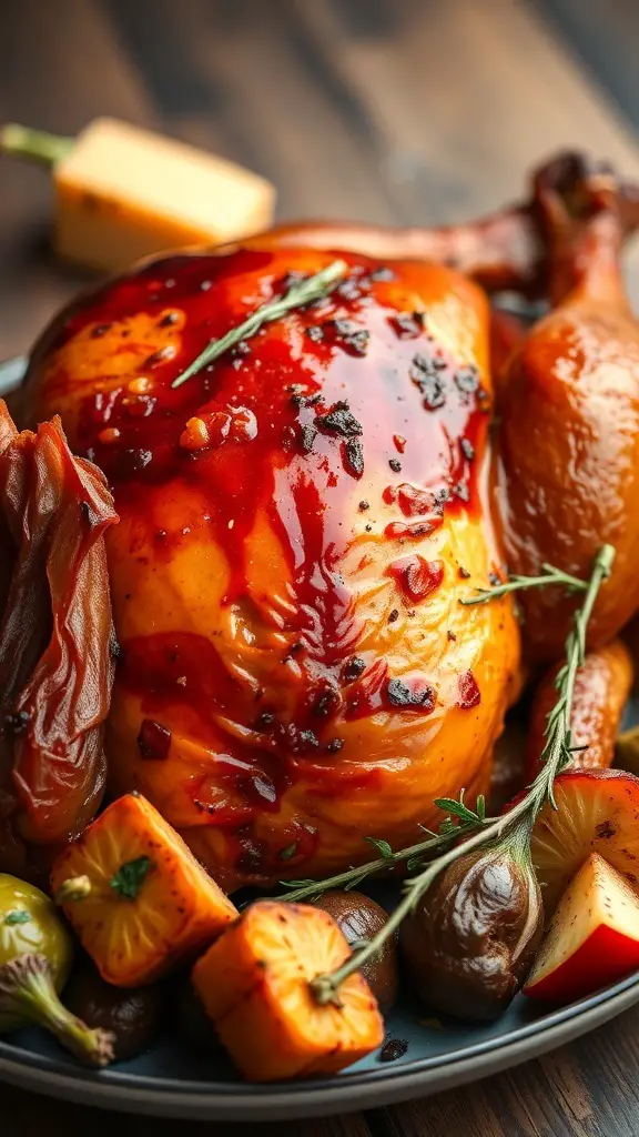 A beautifully roasted turkey glazed with smoky paprika, surrounded by colorful roasted vegetables.