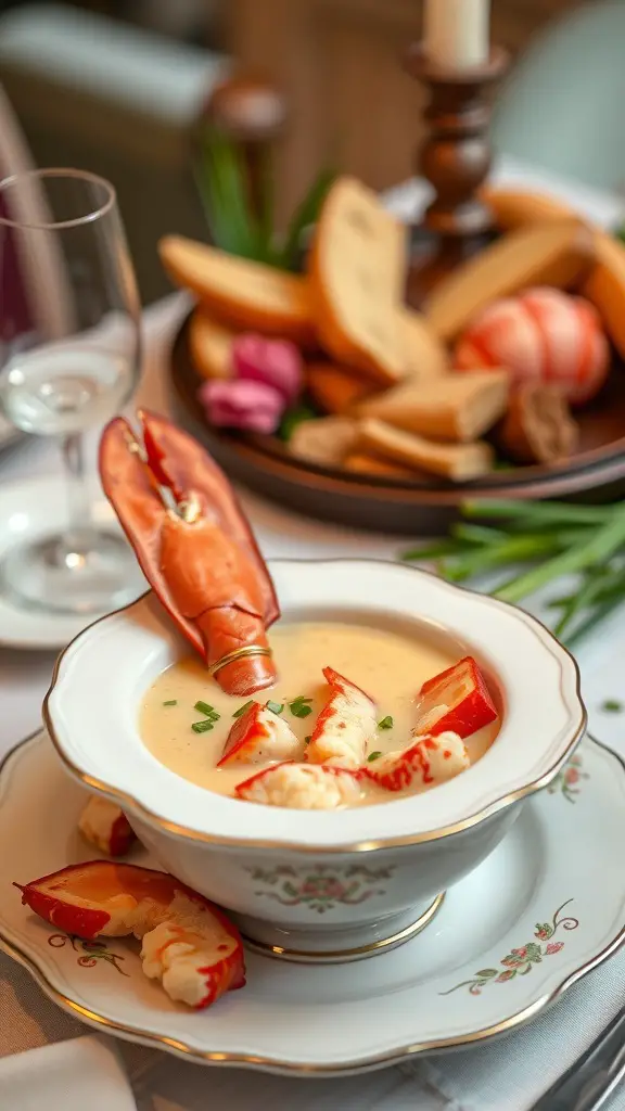A bowl of rich lobster bisque garnished with lobster pieces and a claw, served with bread on the side.
