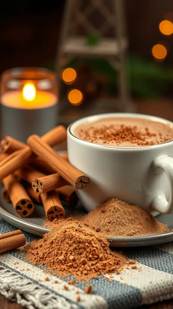 A cozy setup featuring a cup of hot chocolate with cinnamon sticks and powdered cinnamon, creating a warm holiday vibe.