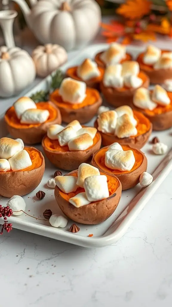 A platter of sweet potato bites topped with toasted marshmallows, surrounded by decorative pumpkins and fall leaves.