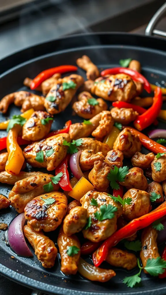 A pan filled with crispy chicken fajitas, featuring colorful bell peppers and onions.