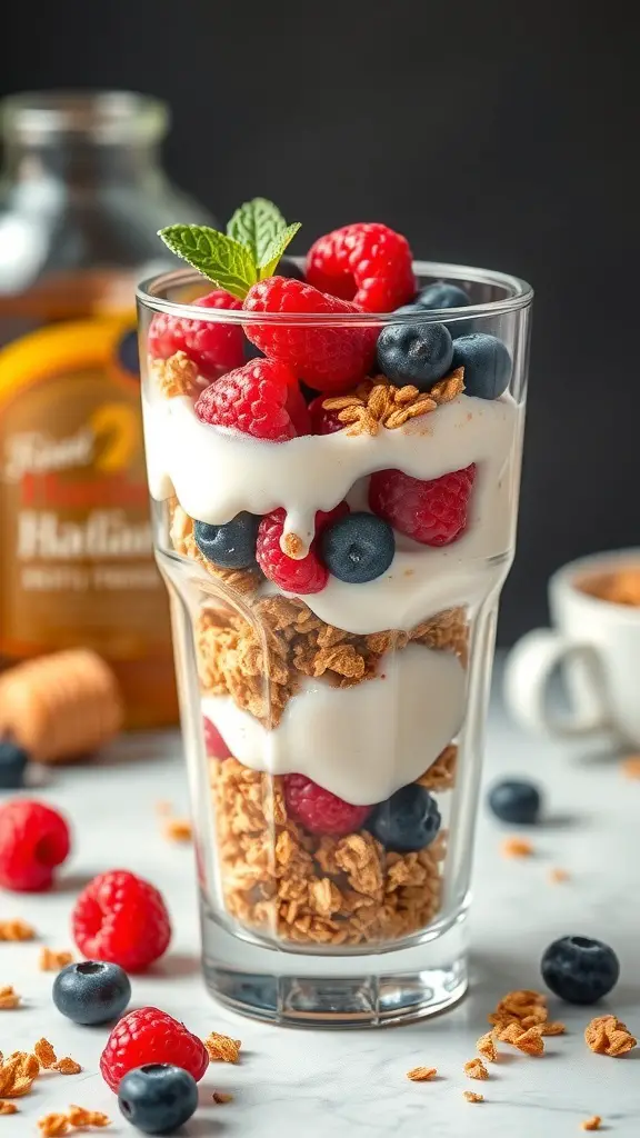 A delicious Greek yogurt parfait with layers of yogurt, granola, and fresh berries.