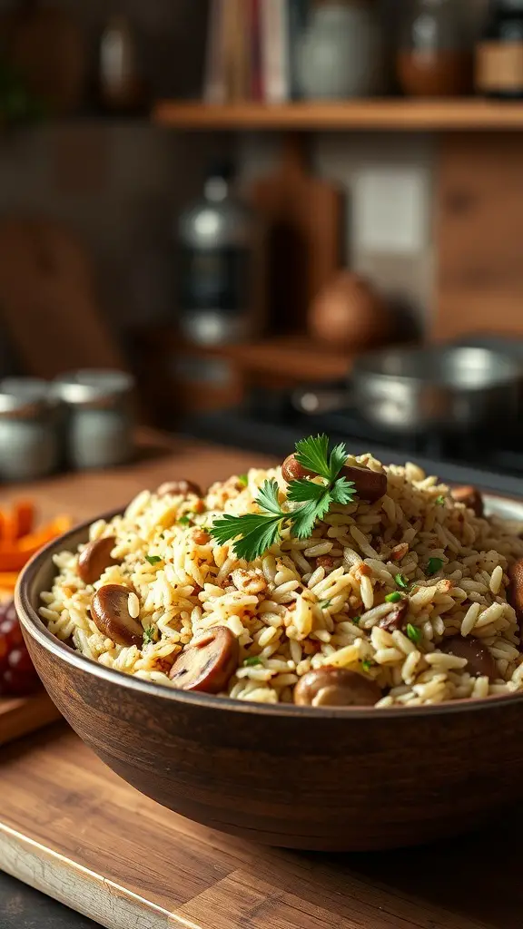 A bowl of savory mushroom and wild rice pilaf garnished with fresh herbs.
