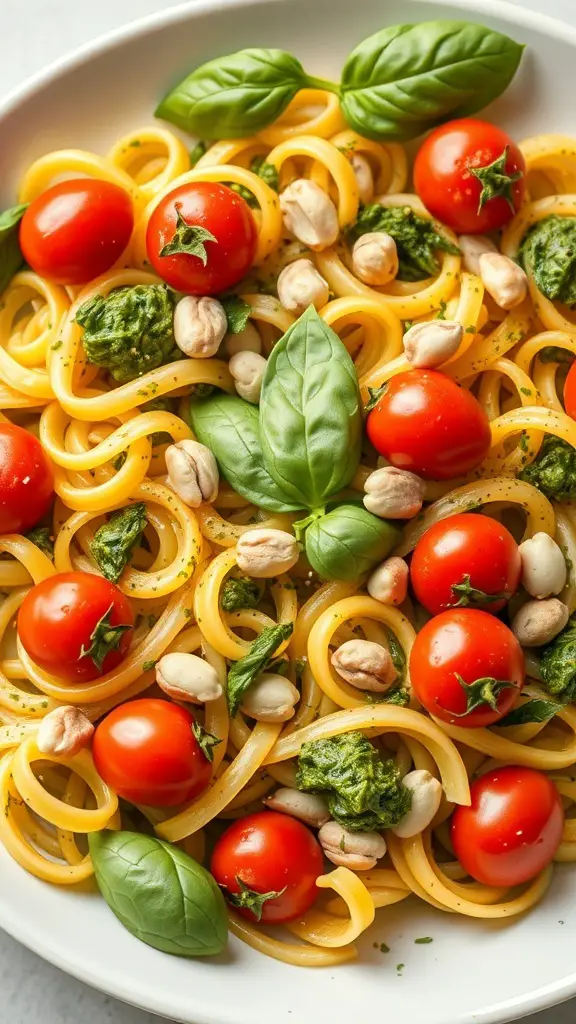 A plate of fusilli pasta with pesto, cherry tomatoes, and fresh basil leaves.