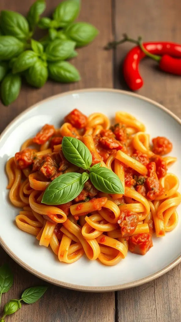 A plate of cavatappi pasta with roasted red pepper sauce, garnished with fresh basil leaves.