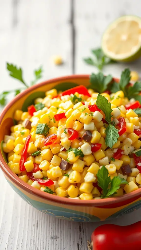 A bowl of zesty corn salad with lime dressing, featuring corn, red peppers, and fresh herbs.