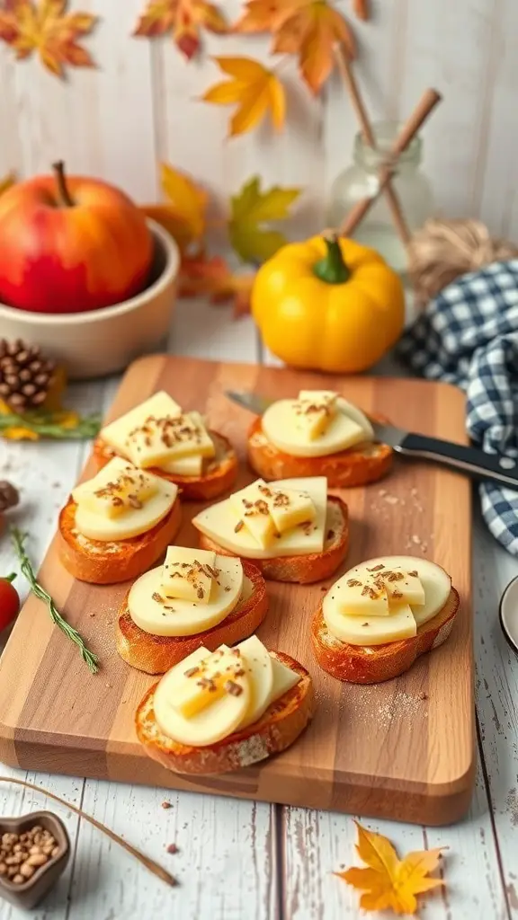 Apple and cheddar crostini on a wooden board, surrounded by autumn decorations.