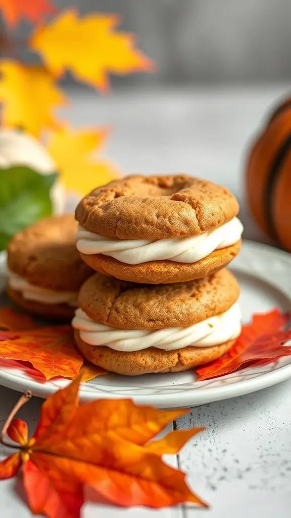Pumpkin spice whoopie pies stacked on a plate with fall leaves