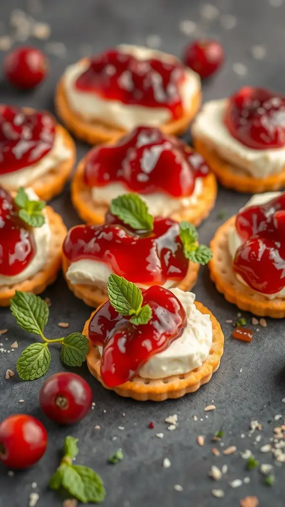 Cranberry and Brie Cheese Delight on crackers topped with mint leaves