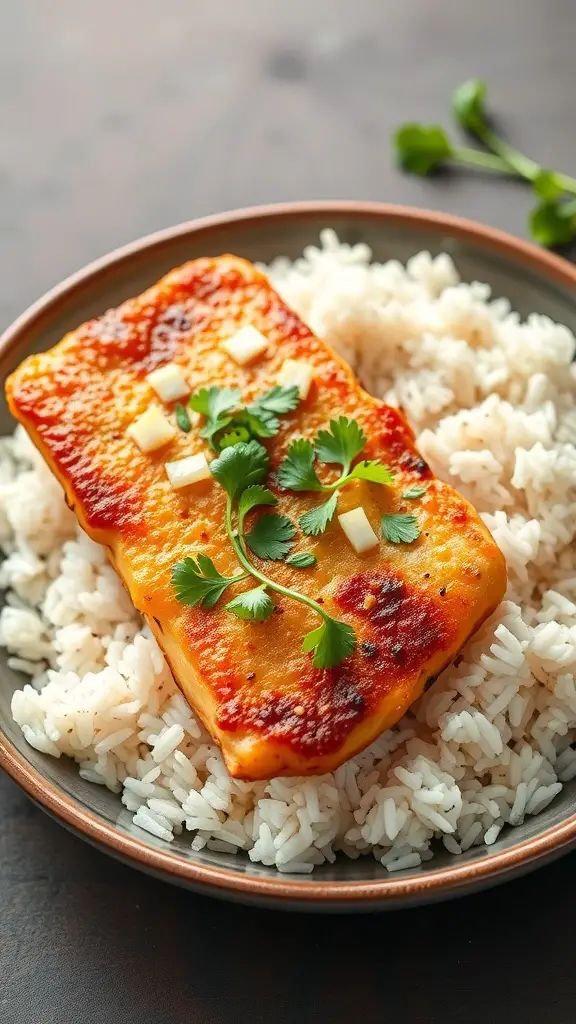A plate of Thai Style Fried Tilapia served on rice with cilantro garnish.