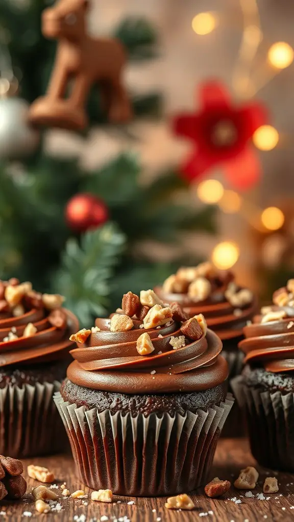 Nutty chocolate cupcakes with chocolate frosting and nuts on top, festive background with lights