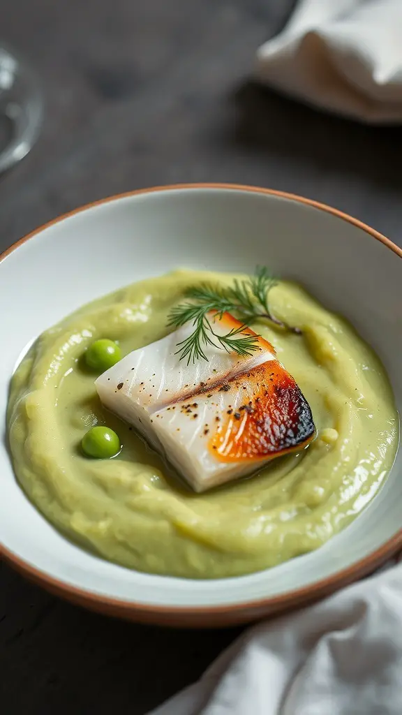 A bowl of fish and sweet pea puree garnished with dill and green peas.