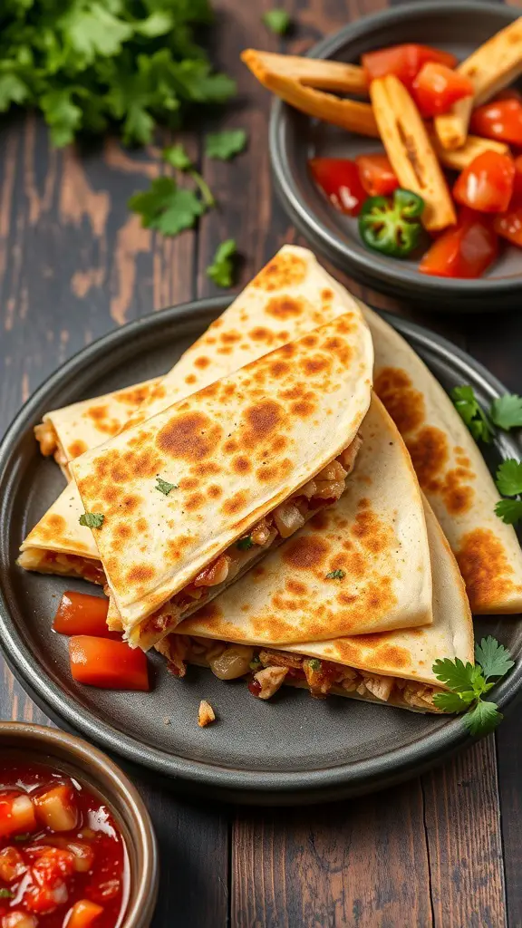 Delicious chicken quesadillas with salsa and fresh vegetables on a wooden table.