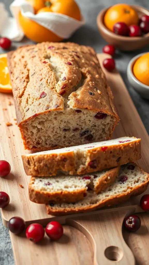 A loaf of cranberry orange bread with slices cut, surrounded by fresh cranberries and oranges.