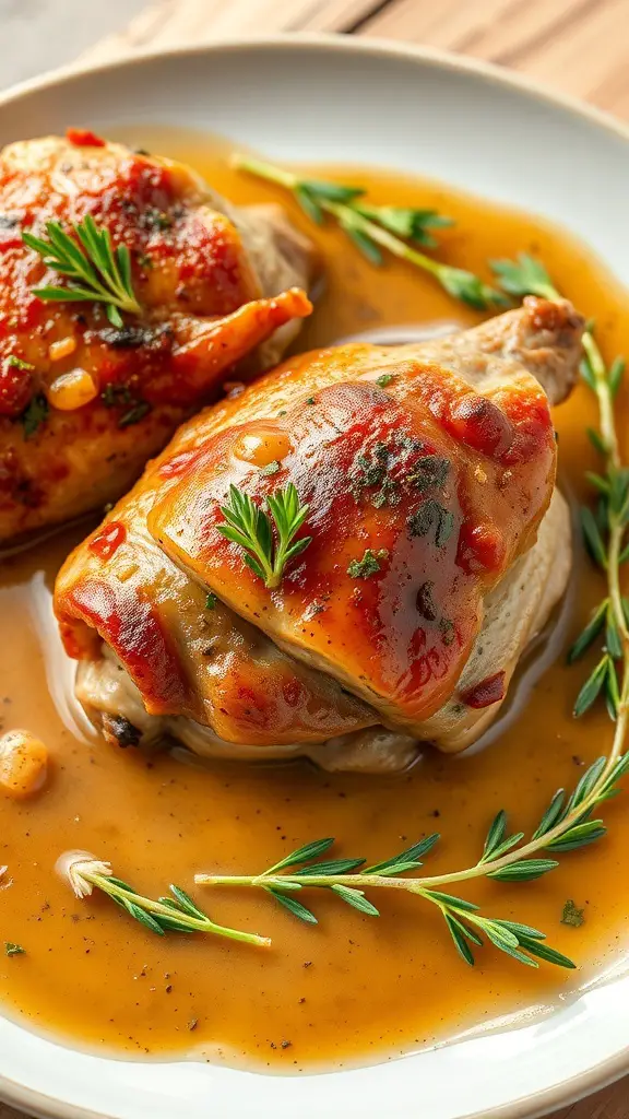 Stuffed wild turkey thighs served with a rich sauce and garnished with herbs.