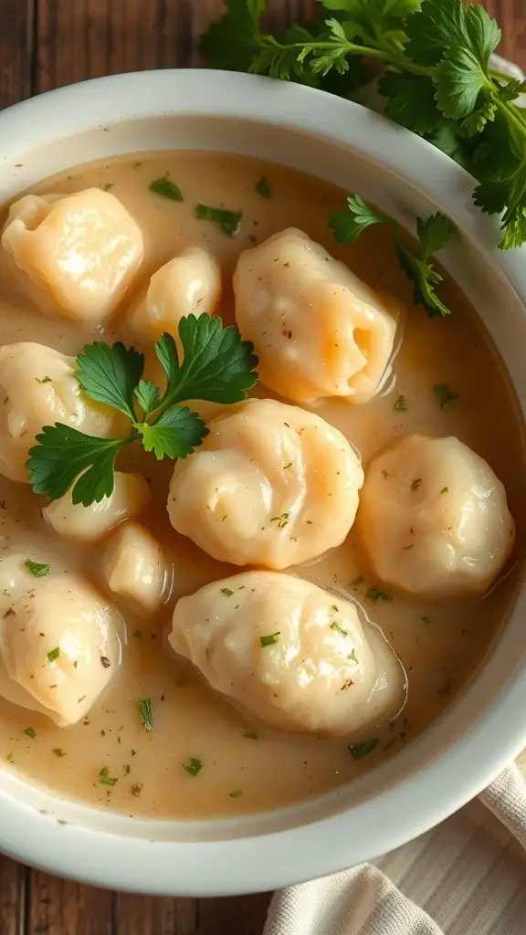 A bowl of chicken and dumplings with fluffy dumplings in creamy broth garnished with fresh herbs.