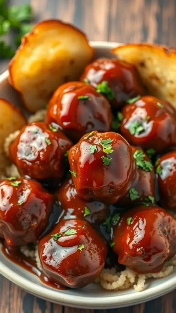 A bowl of savory meatballs coated in BBQ sauce, garnished with parsley, served with a side of bread.
