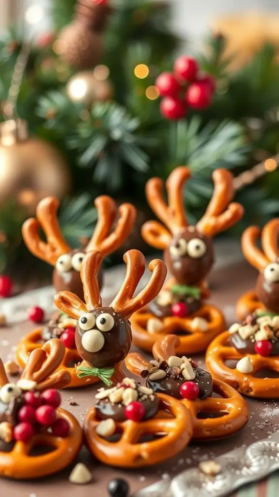A plate of Nutty Reindeer Pretzel Bites decorated with chocolate, pretzels, and colorful candies.
