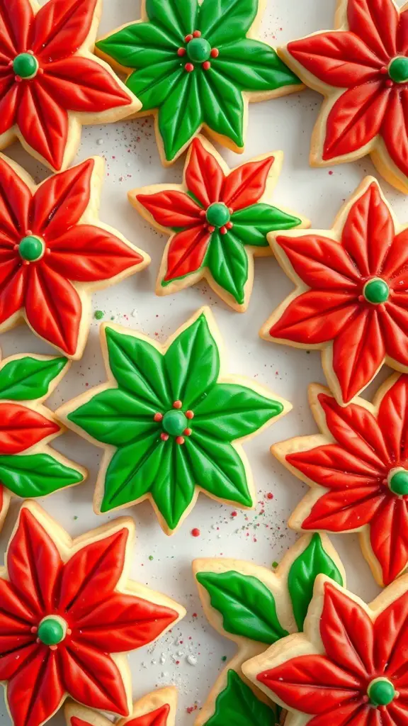 Decorated poinsettia flower cookies in red and green icing