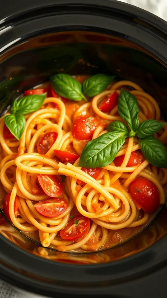 A close-up of creamy tomato basil pasta in a crockpot, featuring spaghetti, cherry tomatoes, and fresh basil.