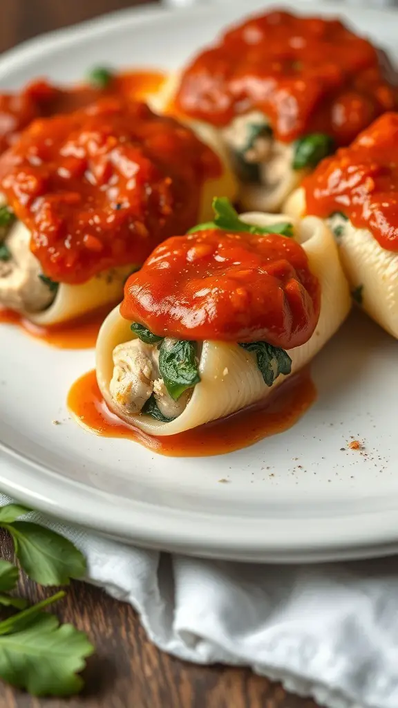 Plate of chicken and spinach stuffed shells topped with tomato sauce