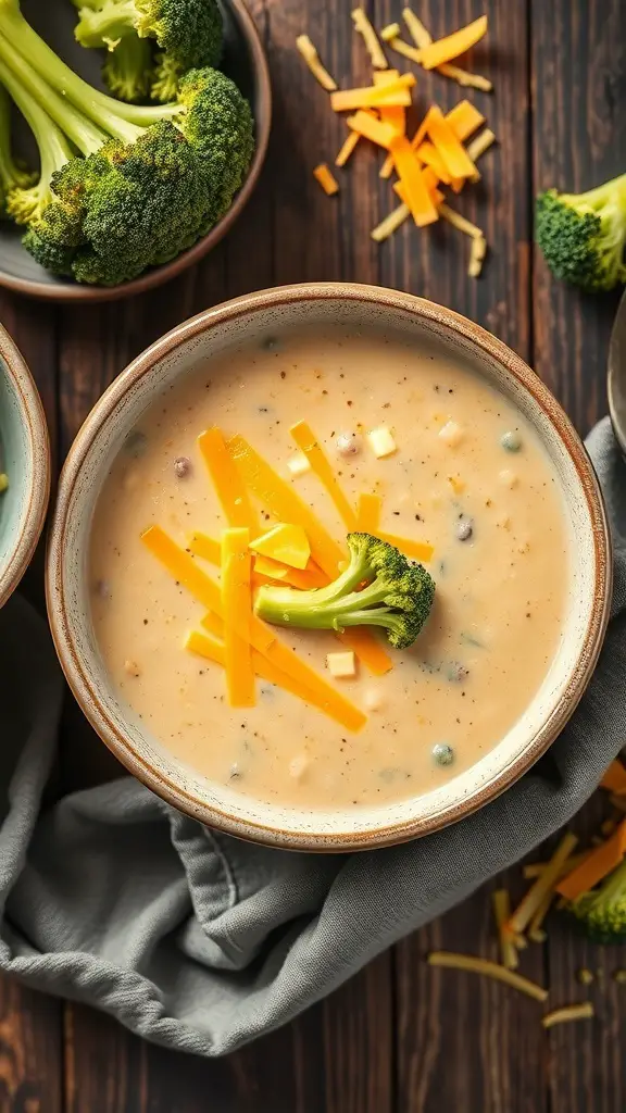 A bowl of creamy broccoli and cheese soup garnished with broccoli and cheese on top, with fresh broccoli and cheese pieces scattered around.