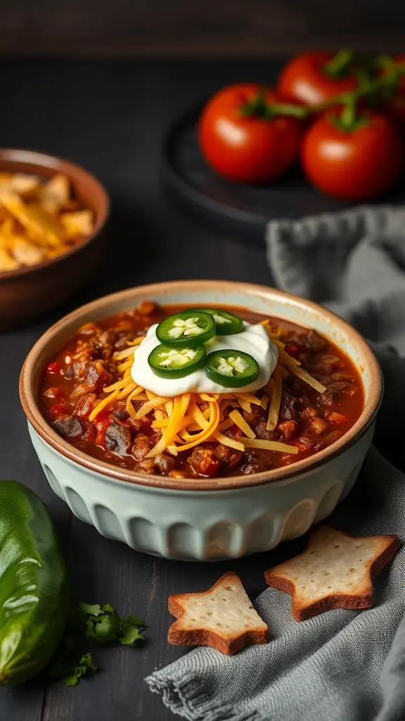 A bowl of chili con carne topped with cheese, sour cream, and jalapeños, with tomatoes and tortilla chips in the background.