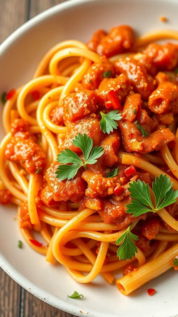 A plate of Spicy Arrabbiata Rigatoni with tomato sauce and parsley garnish.
