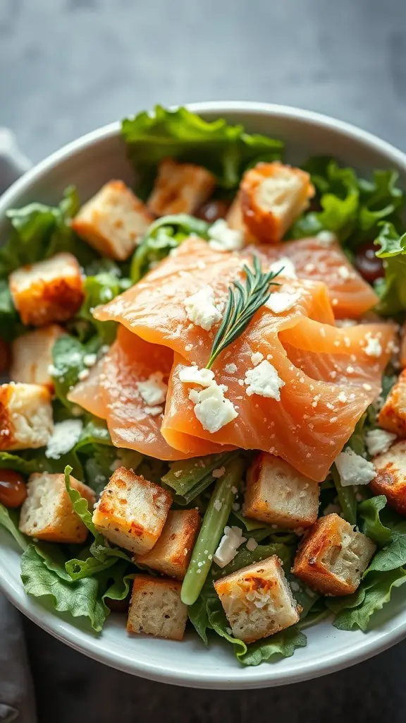 A bowl of smoked salmon Caesar salad with croutons and greens.