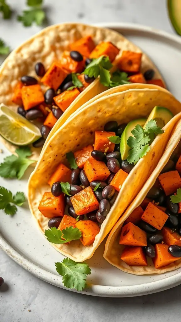 Sweet potato and black bean tacos with lime and cilantro