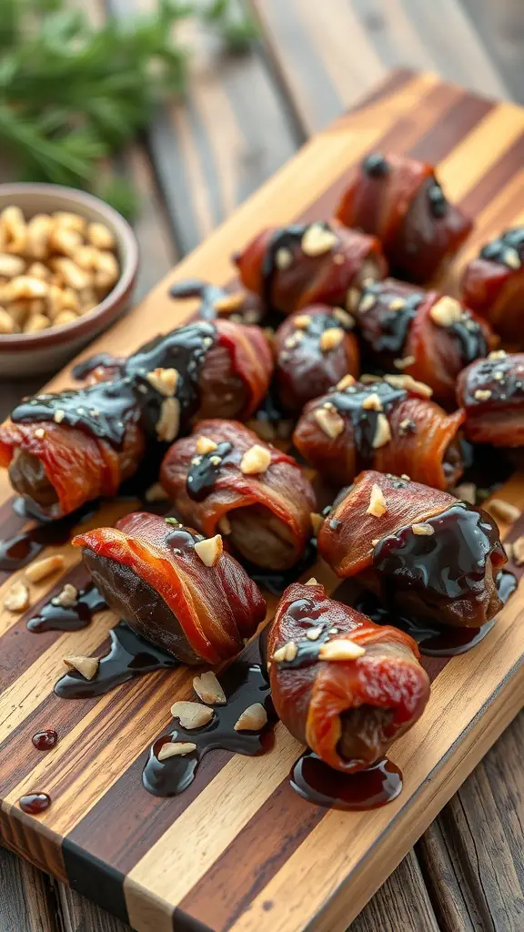 Crispy bacon-wrapped dates on a wooden platter with a drizzle of sauce and chopped nuts.