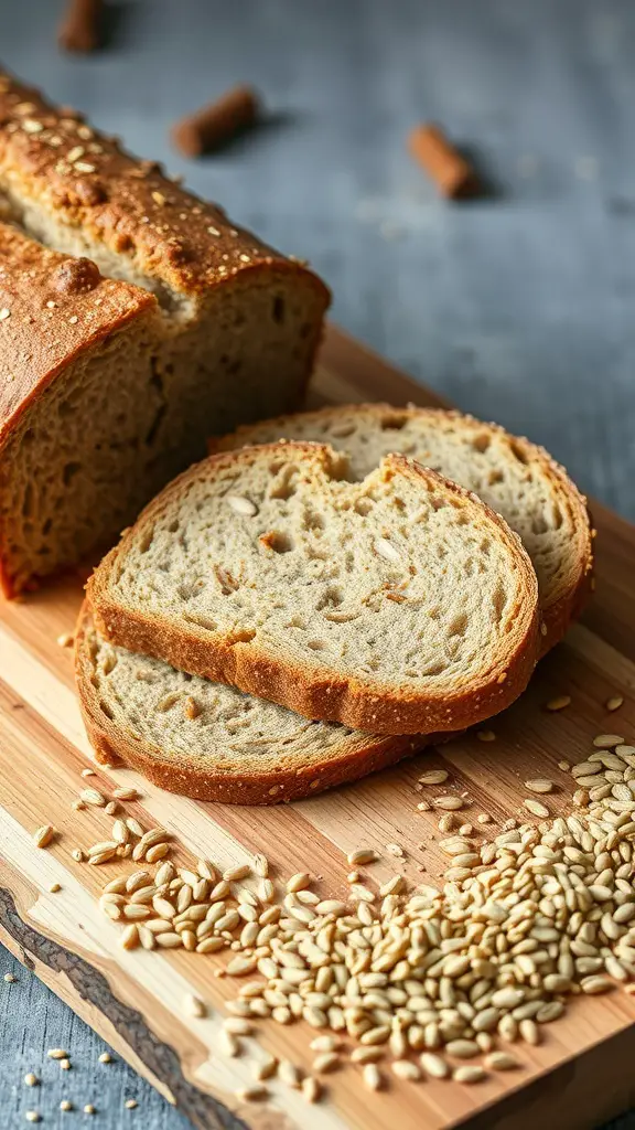 A loaf of millet and flaxseed bread with slices cut, placed on a wooden board with some flaxseeds scattered around.