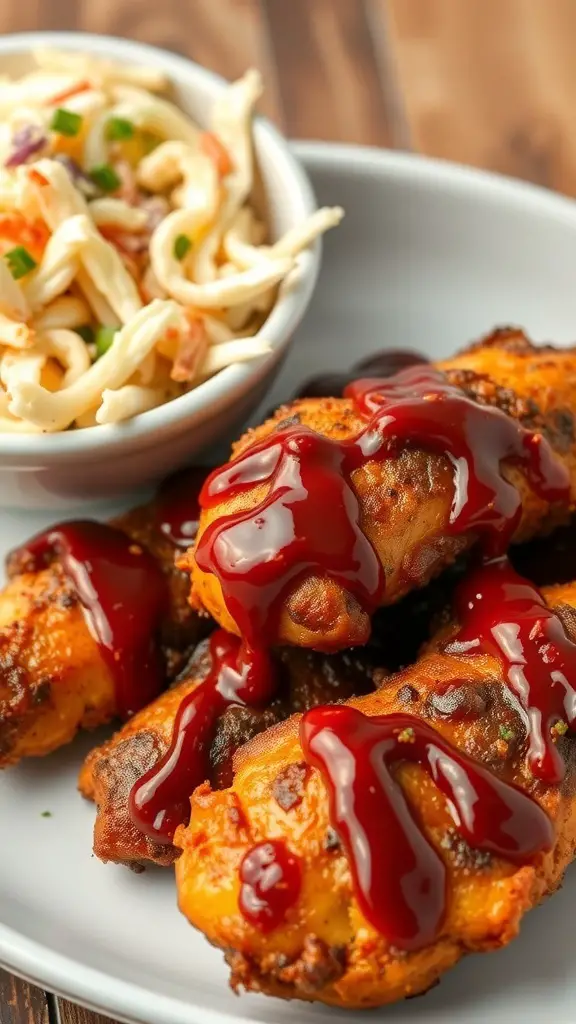 BBQ chicken tenders drizzled with sauce next to a bowl of coleslaw