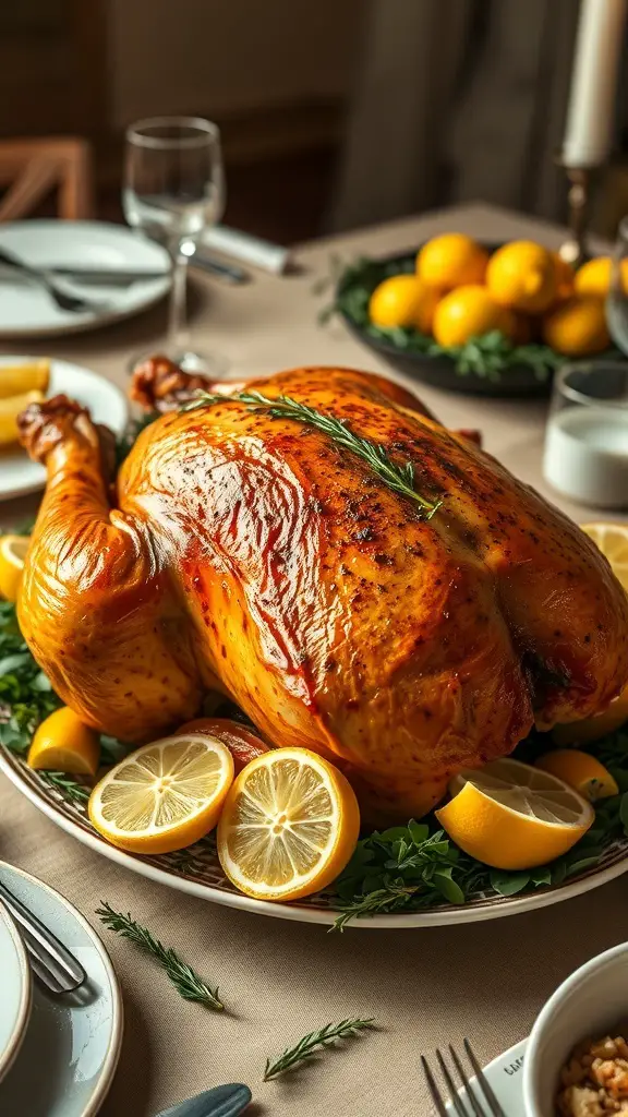 A beautifully roasted turkey garnished with lemon slices and thyme on a festive table.