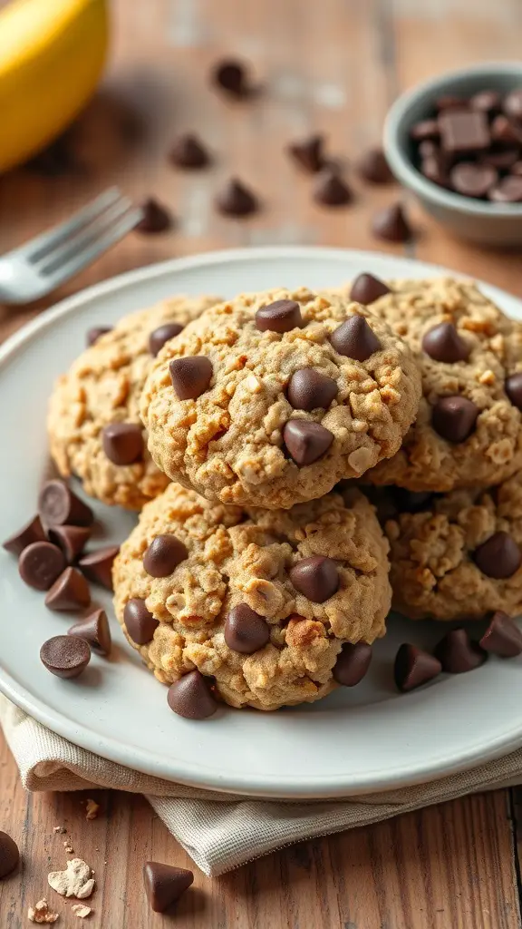 A plate of banana oatmeal cookies with chocolate chips, surrounded by chocolate chips and a banana.