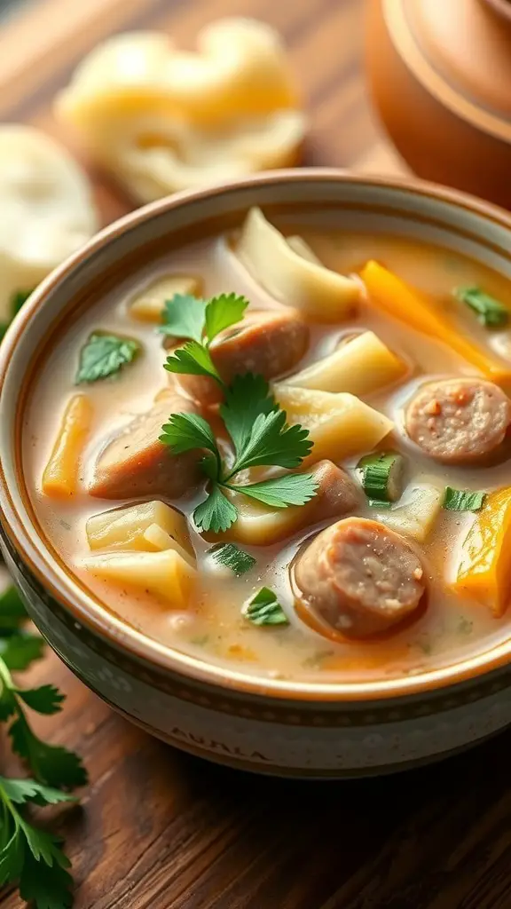 A bowl of cabbage and sausage soup with fresh herbs on top.