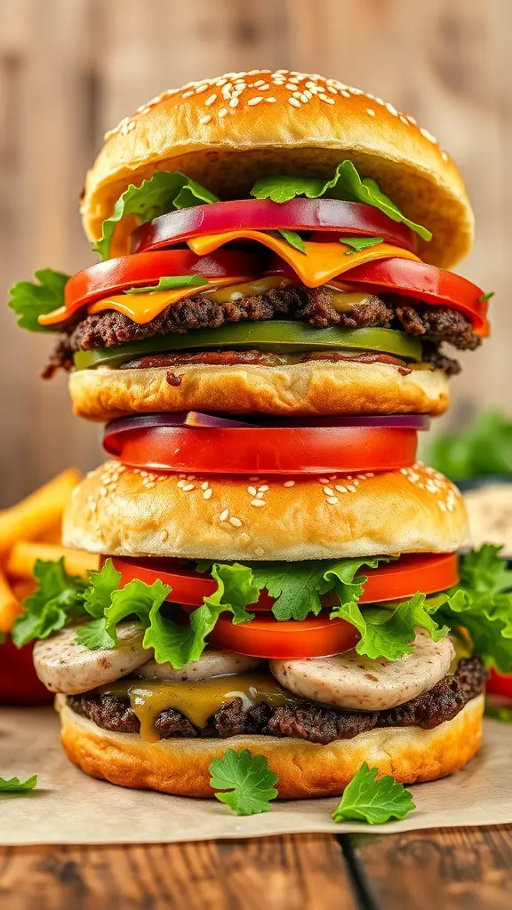 A towering crispy turkey burger with layers of vegetables and cheese