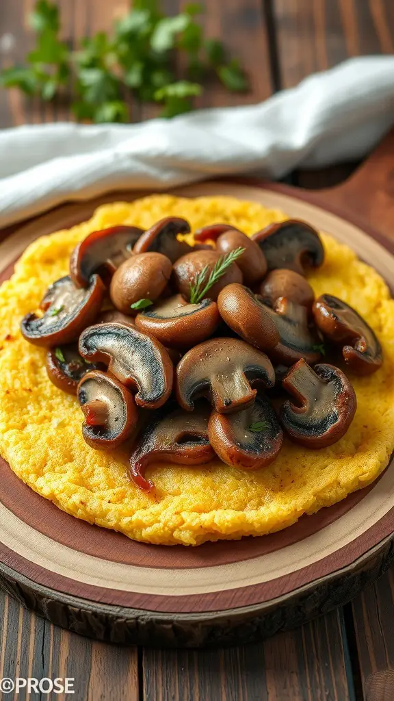 A plate of pan-fried polenta topped with sautéed mushrooms, garnished with herbs.