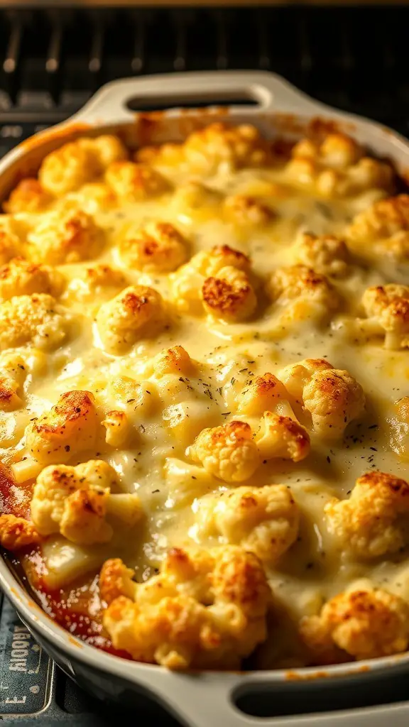 A delicious Cauliflower Gratin with Cheese, bubbling and golden brown, served in a baking dish.