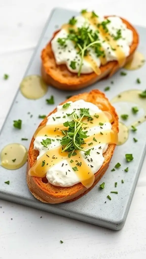 Herbed goat cheese crostini topped with honey and fresh herbs on a gray plate.